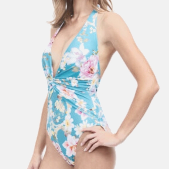 Gottex light blue turquoise halter spring floral swimsuit size 12 nwt - Picture 2 of 5